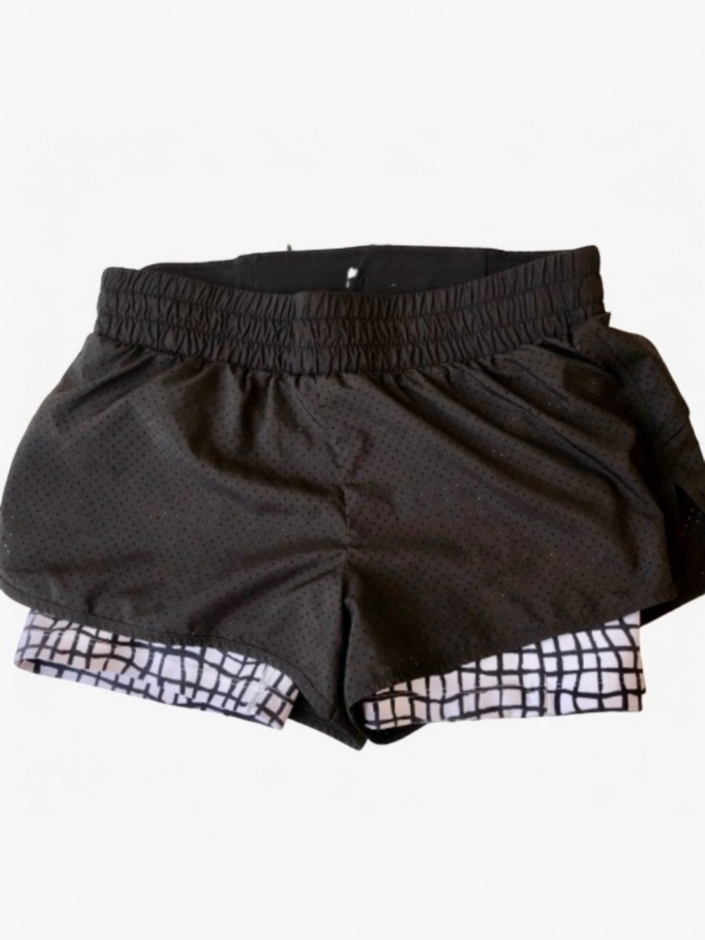 LORNA JANE Black Running Shorts Layer Look Airy Back Zip Pocket
